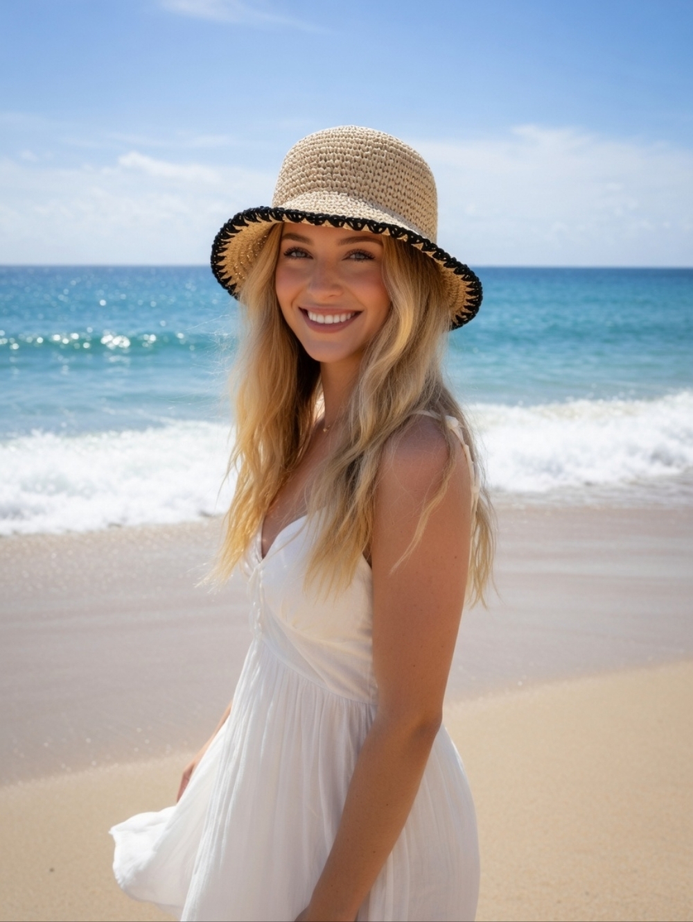 Nwt Inc Braided Woven Straw Sun Hat with Black Trim Natural